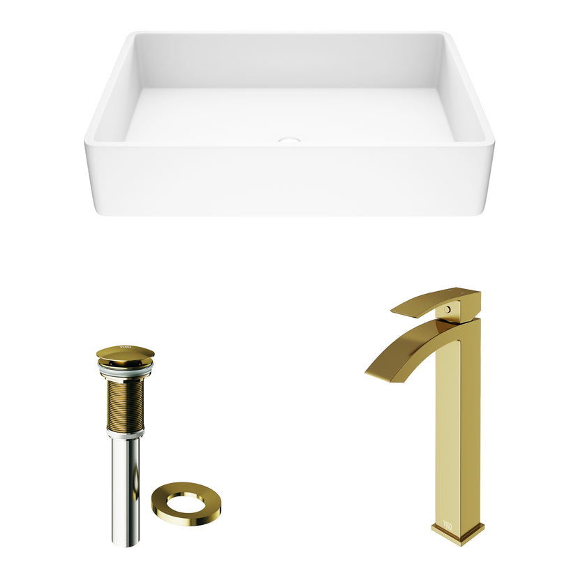 Matte Stone Magnolia Composite Rectangular Vessel Bathroom Sink in White with Faucet and Pop-Up Drain in Matte Gold