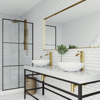 Matte Stone Lotus Composite Round Vessel Bathroom Sink in White with Duris Faucet and Pop-Up Drain in Matte Gold