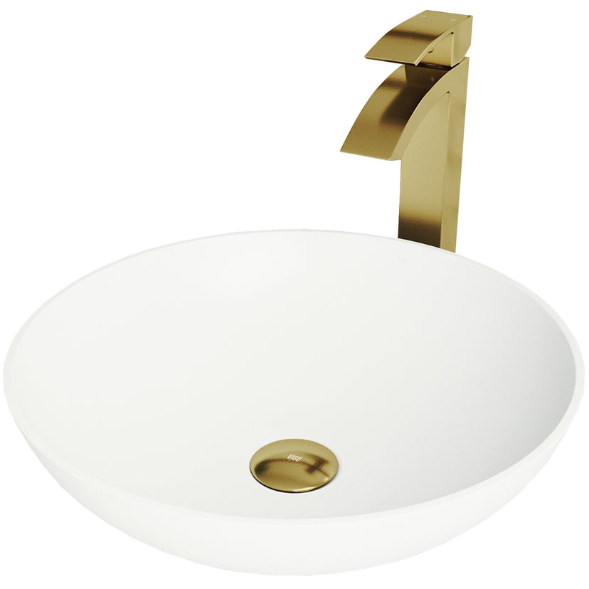 Matte Stone Lotus Composite Round Vessel Bathroom Sink in White with Duris Faucet and Pop-Up Drain in Matte Gold
