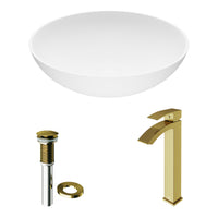 Matte Stone Lotus Composite Round Vessel Bathroom Sink in White with Duris Faucet and Pop-Up Drain in Matte Gold