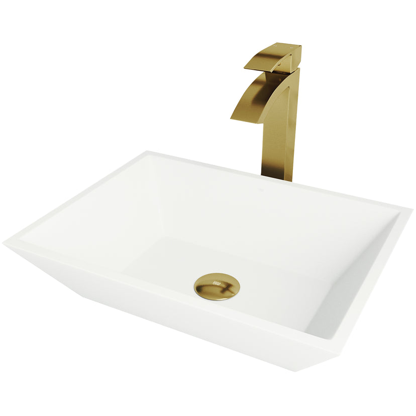 Matte Stone Vinca Composite Rectangular Vessel Bathroom Sink in White with Duris Faucet and Pop-Up Drain in Matte Gold
