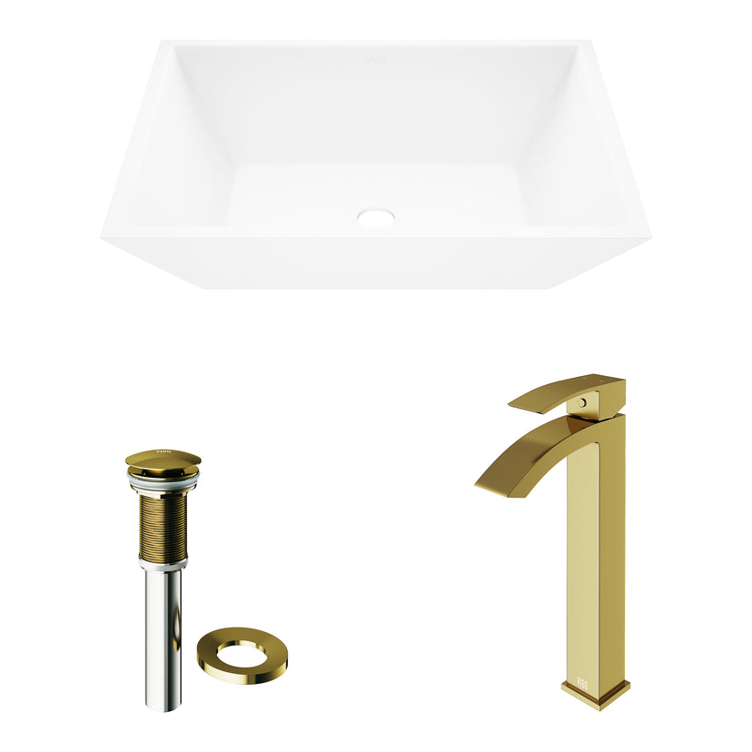 Matte Stone Vinca Composite Rectangular Vessel Bathroom Sink in White with Duris Faucet and Pop-Up Drain in Matte Gold
