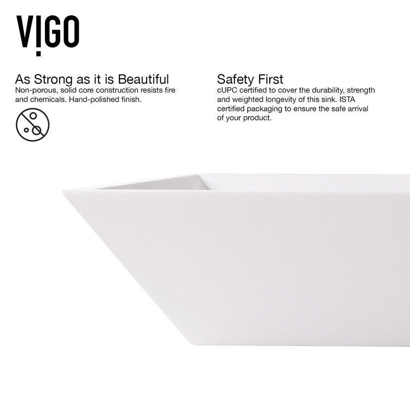 Matte Stone Vinca Composite Rectangular Vessel Bathroom Sink in White with Duris Faucet and Pop-Up Drain in Matte Gold
