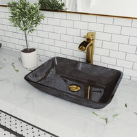 Glass Rectangular Vessel Bathroom Sink in Onyx Gray with Niko Faucet and Pop-Up Drain in Matte Gold