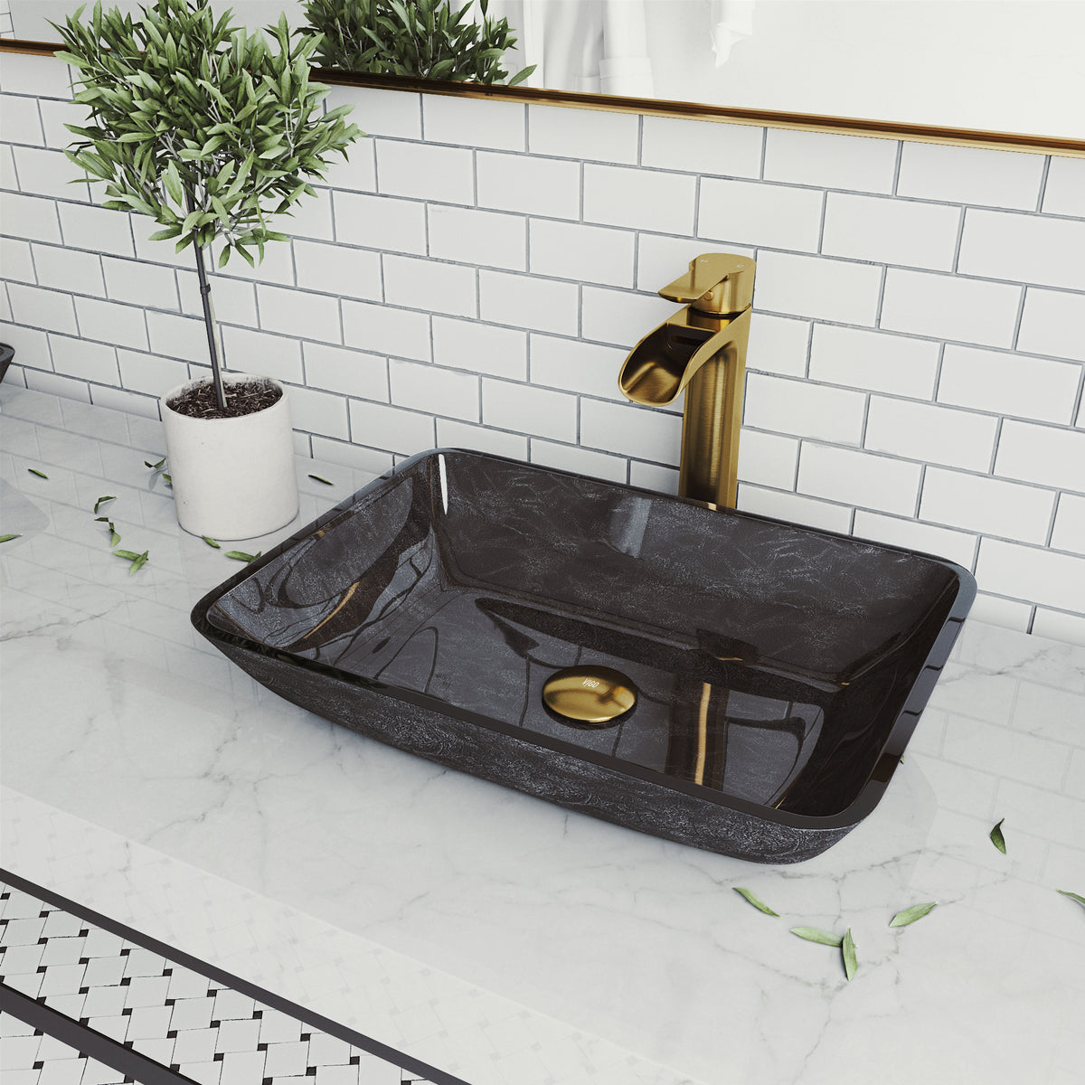 Glass Rectangular Vessel Bathroom Sink in Onyx Gray with Niko Faucet and Pop-Up Drain in Matte Gold