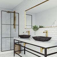 Glass Rectangular Vessel Bathroom Sink in Onyx Gray with Niko Faucet and Pop-Up Drain in Matte Gold
