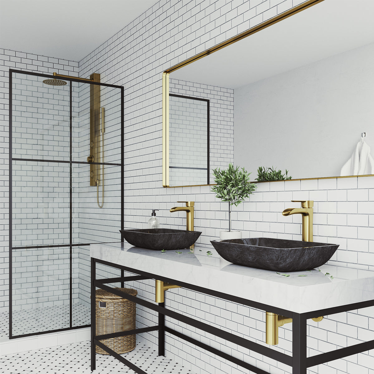 Glass Rectangular Vessel Bathroom Sink in Onyx Gray with Niko Faucet and Pop-Up Drain in Matte Gold