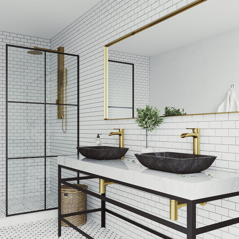 Glass Rectangular Vessel Bathroom Sink in Onyx Gray with Niko Faucet and Pop-Up Drain in Matte Gold