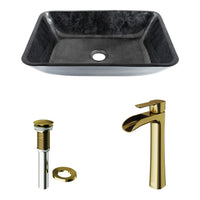 Glass Rectangular Vessel Bathroom Sink in Onyx Gray with Niko Faucet and Pop-Up Drain in Matte Gold