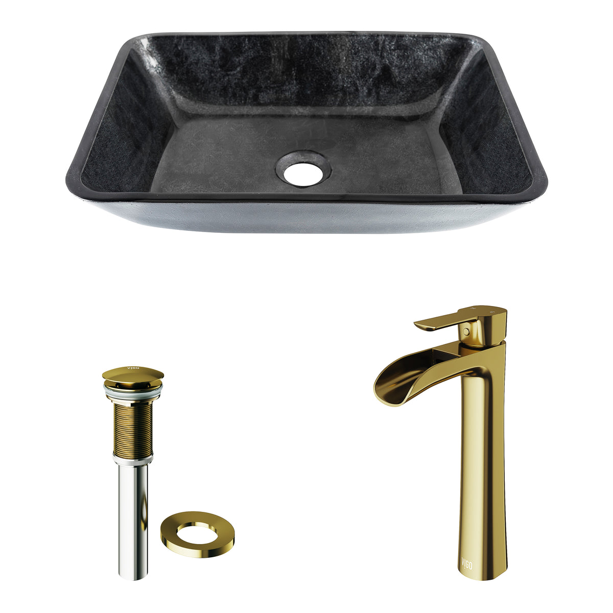 Glass Rectangular Vessel Bathroom Sink in Onyx Gray with Niko Faucet and Pop-Up Drain in Matte Gold