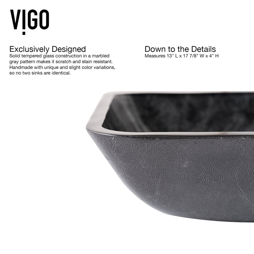 Glass Rectangular Vessel Bathroom Sink in Onyx Gray with Niko Faucet and Pop-Up Drain in Matte Gold