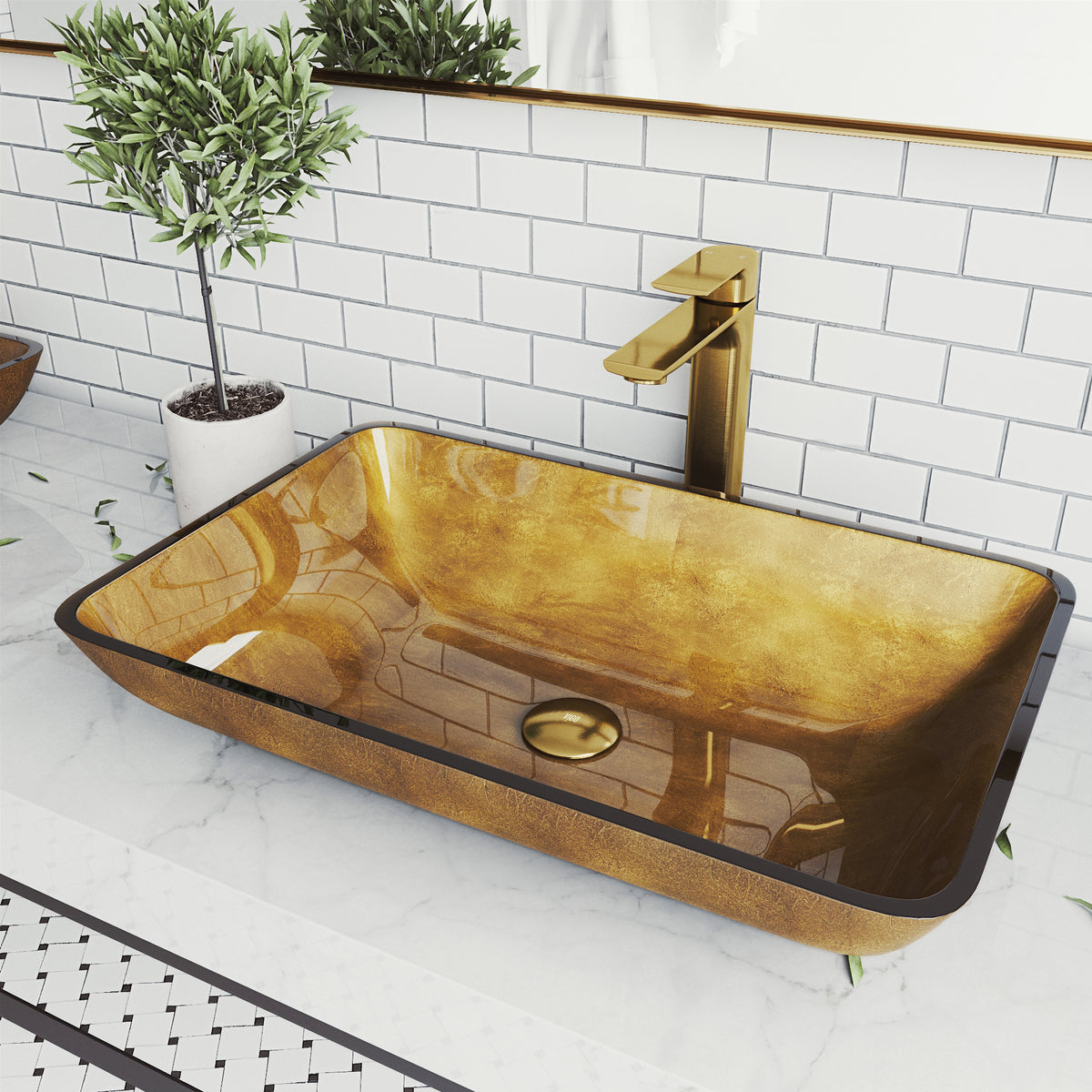 Glass Rectangular Vessel Bathroom Sink in Gold with Norfolk Faucet and Pop-Up Drain in Matte Gold