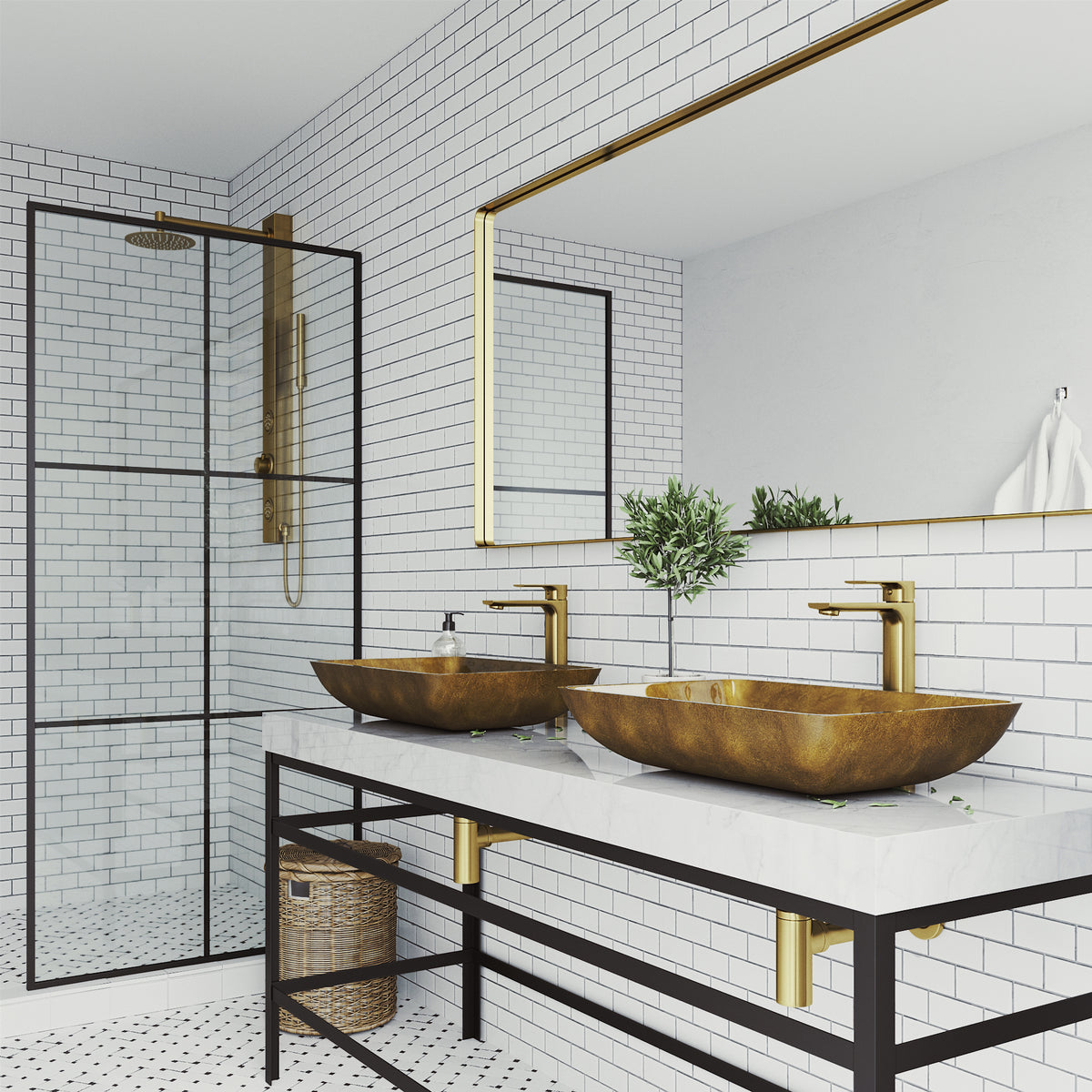 Glass Rectangular Vessel Bathroom Sink in Gold with Norfolk Faucet and Pop-Up Drain in Matte Gold