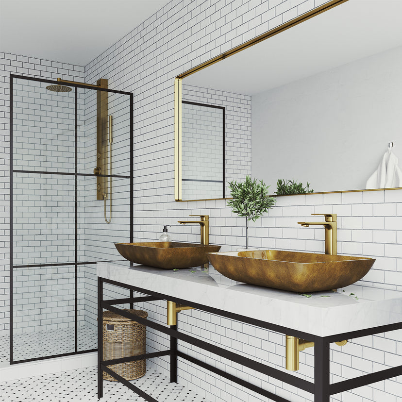 Glass Rectangular Vessel Bathroom Sink in Gold with Norfolk Faucet and Pop-Up Drain in Matte Gold
