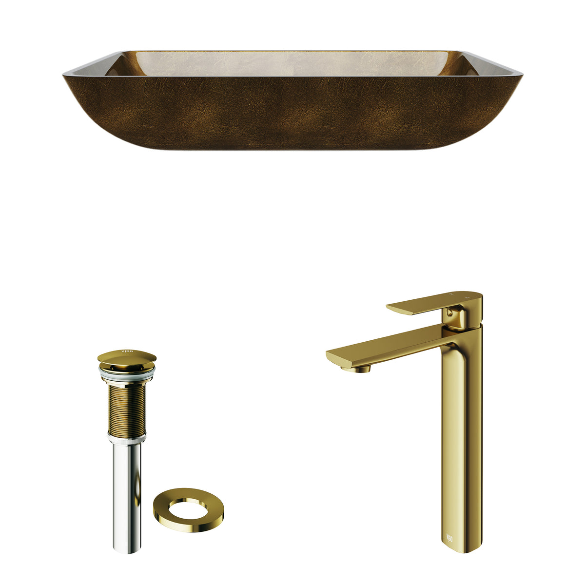 Glass Rectangular Vessel Bathroom Sink in Gold with Norfolk Faucet and Pop-Up Drain in Matte Gold