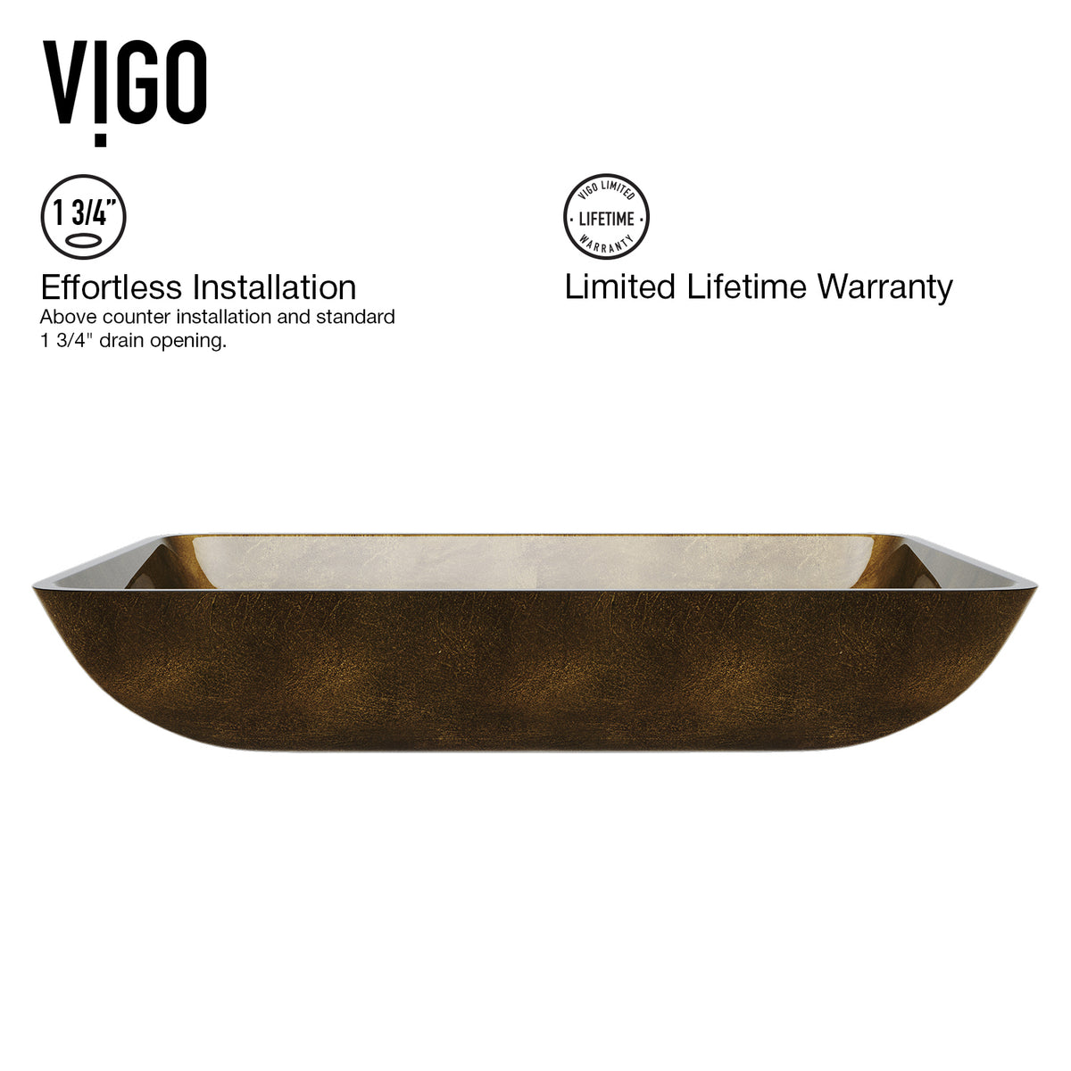 Glass Rectangular Vessel Bathroom Sink in Gold with Norfolk Faucet and Pop-Up Drain in Matte Gold
