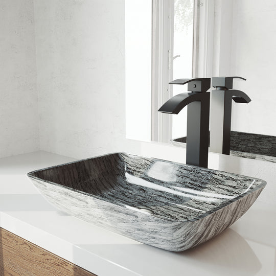 Glass Rectangular Vessel Bathroom Sink in Titanium Gray with Duris Faucet and Pop-Up Drain in Matte Black