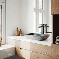 Glass Rectangular Vessel Bathroom Sink in Titanium Gray with Duris Faucet and Pop-Up Drain in Matte Black