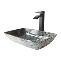 Glass Rectangular Vessel Bathroom Sink in Titanium Gray with Duris Faucet and Pop-Up Drain in Matte Black