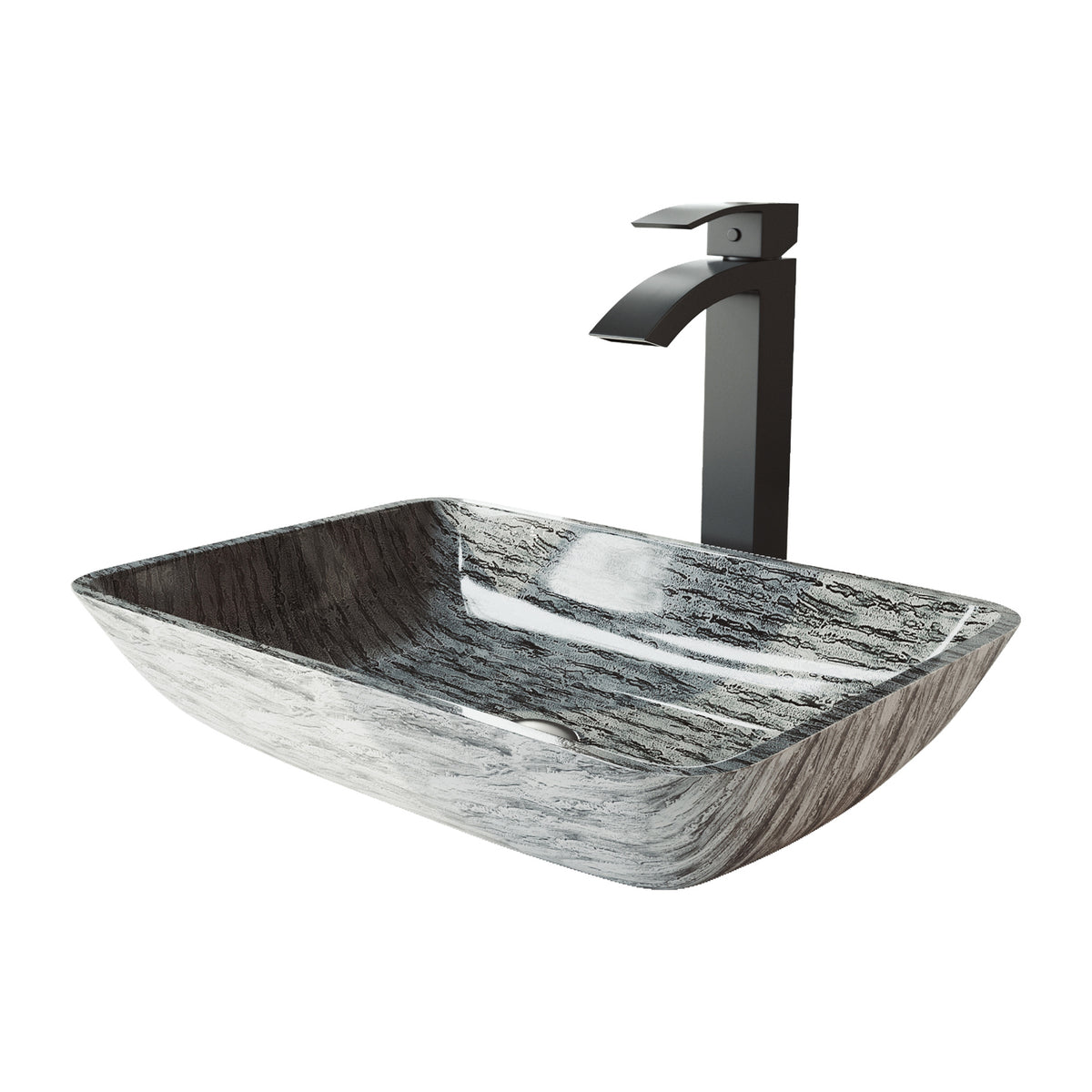 Glass Rectangular Vessel Bathroom Sink in Titanium Gray with Duris Faucet and Pop-Up Drain in Matte Black