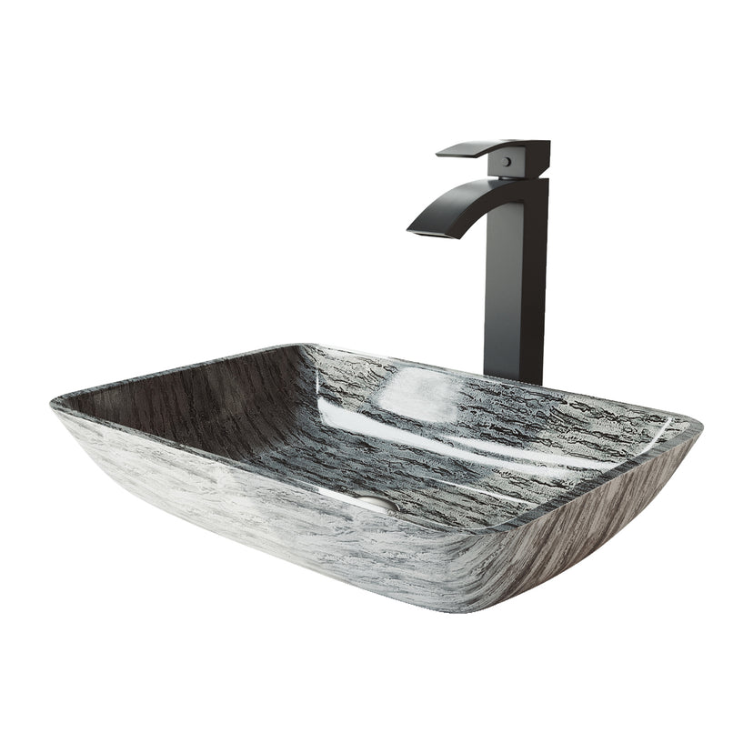 Glass Rectangular Vessel Bathroom Sink in Titanium Gray with Duris Faucet and Pop-Up Drain in Matte Black