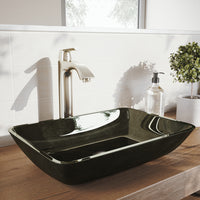 Glass Rectangular Vessel Bathroom Sink in Onyx Gray with Linus Faucet and Pop-Up Drain in Brushed Nickel