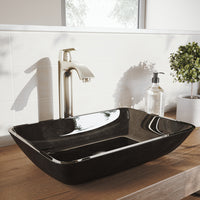 Glass Rectangular Vessel Bathroom Sink in Onyx Gray with Linus Faucet and Pop-Up Drain in Brushed Nickel