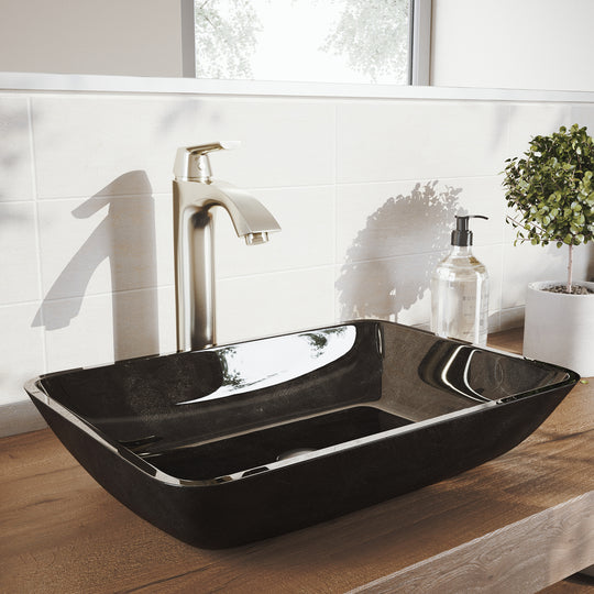 Glass Rectangular Vessel Bathroom Sink in Onyx Gray with Linus Faucet and Pop-Up Drain in Brushed Nickel