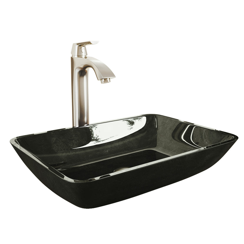 Glass Rectangular Vessel Bathroom Sink in Onyx Gray with Linus Faucet and Pop-Up Drain in Brushed Nickel