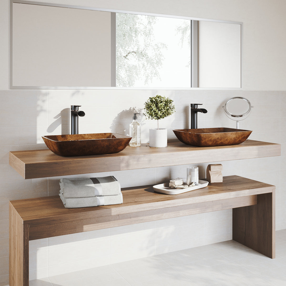 Glass Rectangular Vessel Bathroom Sink in Red/Brown Fusion with Niko Faucet and Pop-Up Drain in Antique Rubbed Bronze