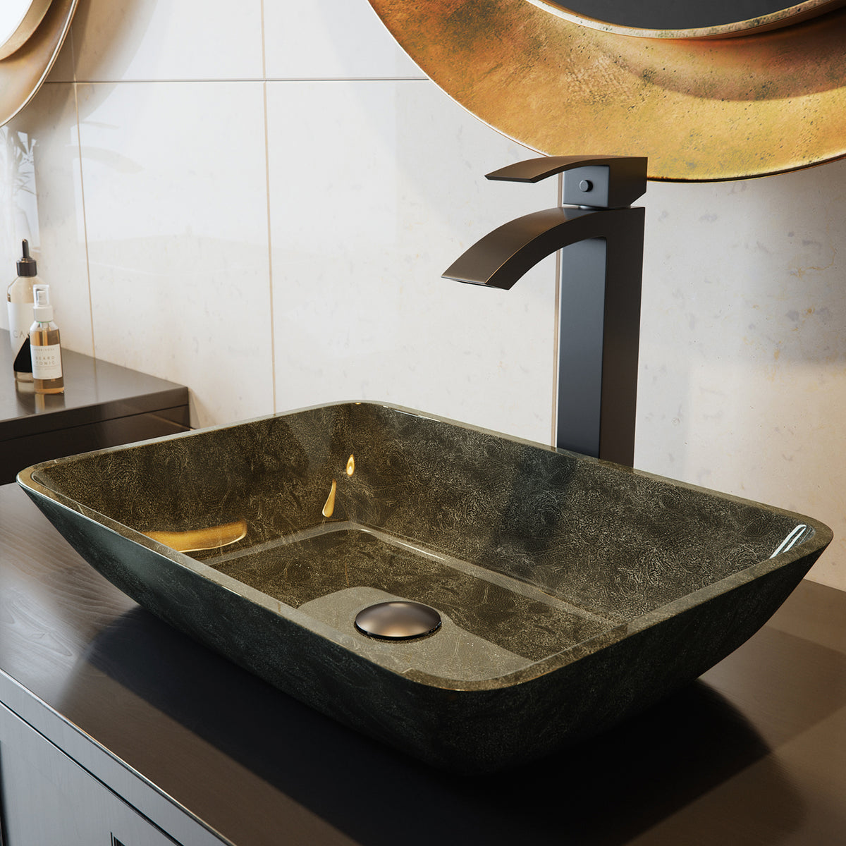 Glass Rectangular Vessel Bathroom Sink in Onyx Gray with Duris Faucet and Pop-Up Drain in Matte Black