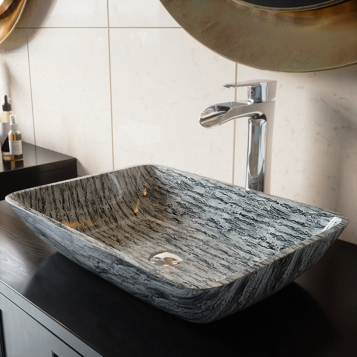 Glass Rectangular Vessel Bathroom Sink in Titanium Gray with Niko Faucet and Pop-Up Drain in Chrome
