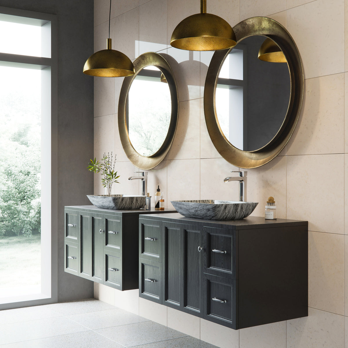 Glass Rectangular Vessel Bathroom Sink in Titanium Gray with Niko Faucet and Pop-Up Drain in Chrome