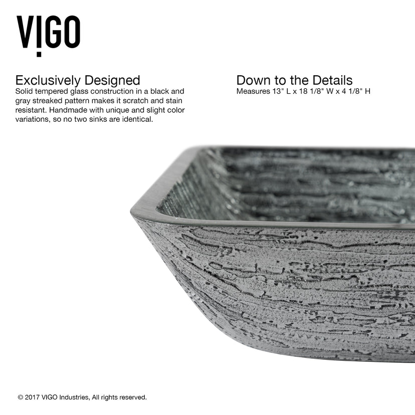 Glass Rectangular Vessel Bathroom Sink in Titanium Gray with Niko Faucet and Pop-Up Drain in Chrome