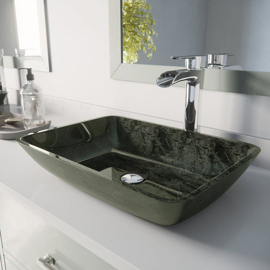 Glass Rectangular Vessel Bathroom Sink in Onyx Gray with Niko Faucet and Pop-Up Drain in Chrome