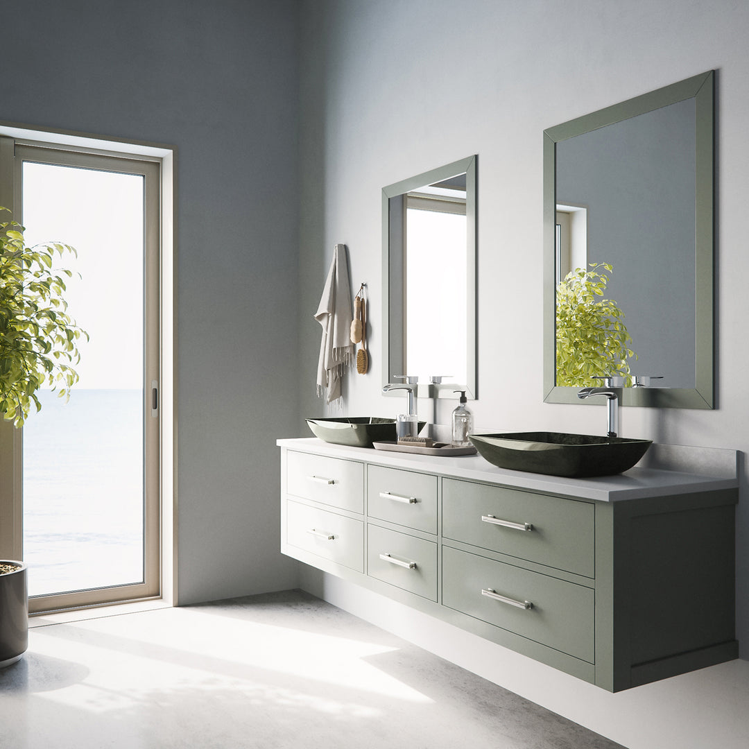 Glass Rectangular Vessel Bathroom Sink in Onyx Gray with Niko Faucet and Pop-Up Drain in Chrome