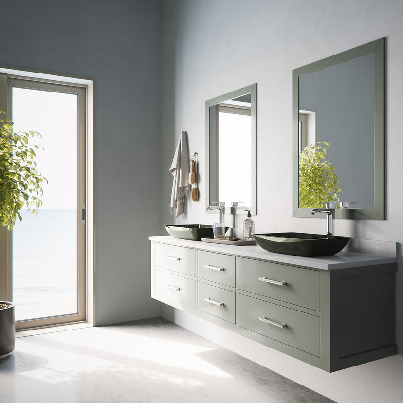 Glass Rectangular Vessel Bathroom Sink in Onyx Gray with Niko Faucet and Pop-Up Drain in Chrome