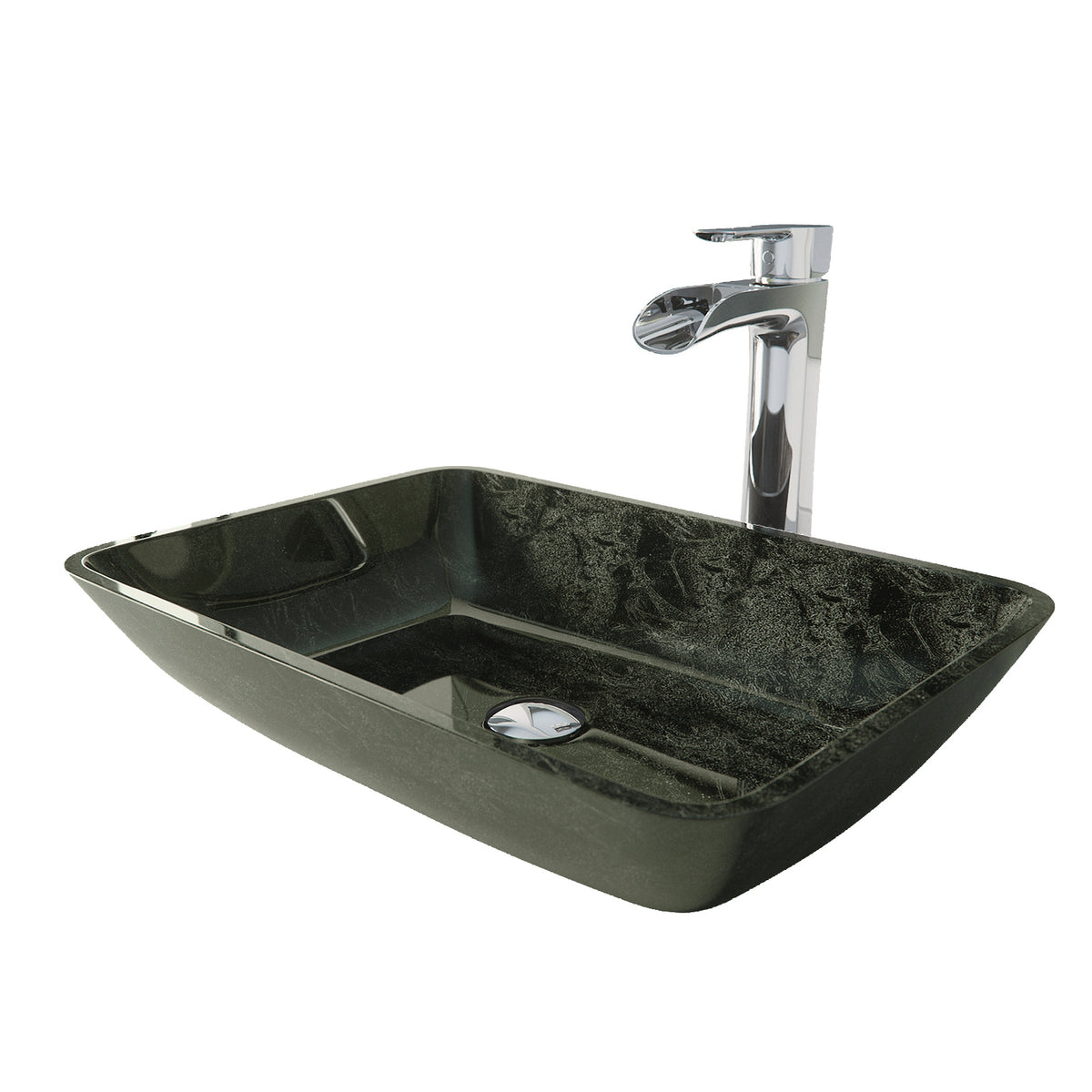 Glass Rectangular Vessel Bathroom Sink in Onyx Gray with Niko Faucet and Pop-Up Drain in Chrome