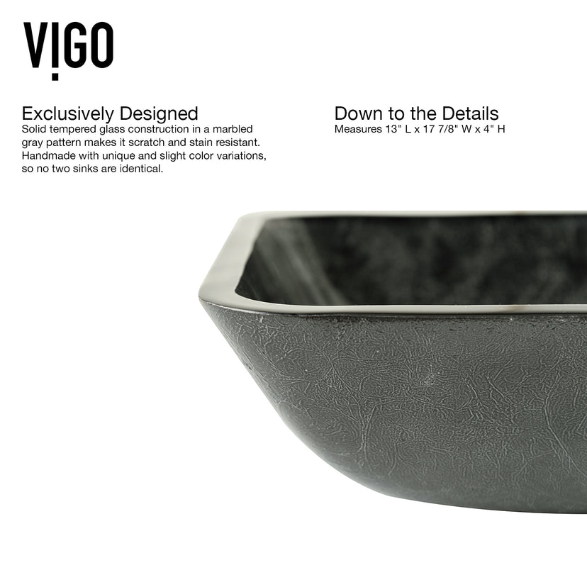 Glass Rectangular Vessel Bathroom Sink in Onyx Gray with Niko Faucet and Pop-Up Drain in Chrome