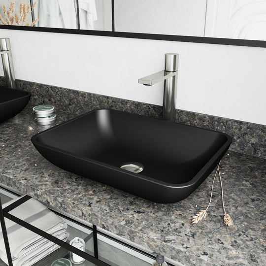 Matte Shell Sottile Glass Rectangular Vessel Bathroom Sink in Black with Faucet and Pop-Up Drain in Brushed Nickel