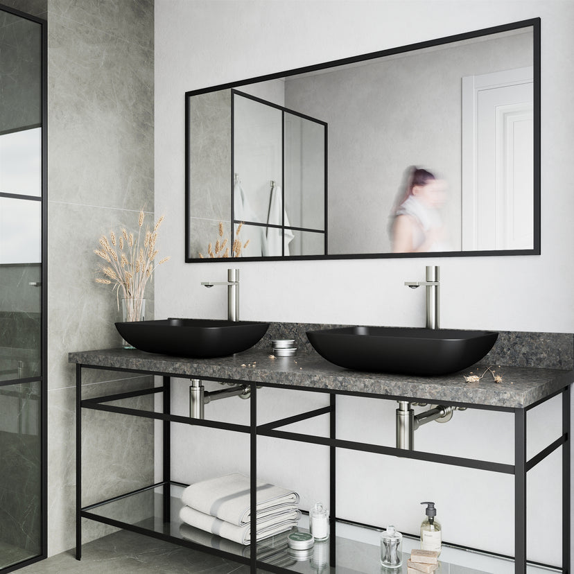 Matte Shell Sottile Glass Rectangular Vessel Bathroom Sink in Black with Faucet and Pop-Up Drain in Brushed Nickel