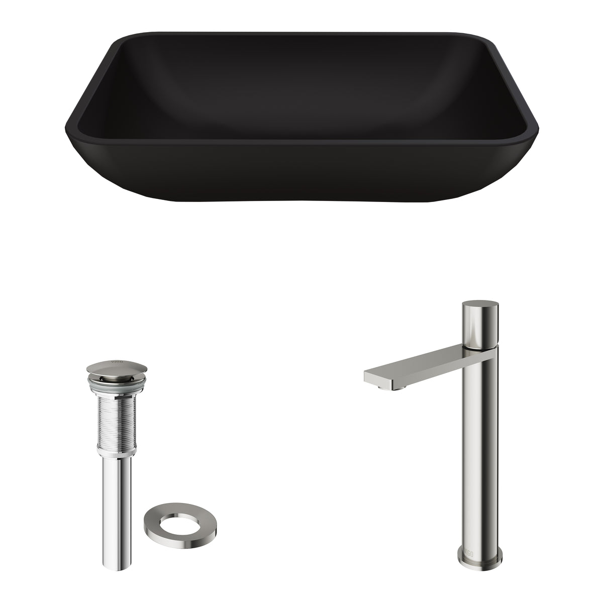 Matte Shell Sottile Glass Rectangular Vessel Bathroom Sink in Black with Faucet and Pop-Up Drain in Brushed Nickel