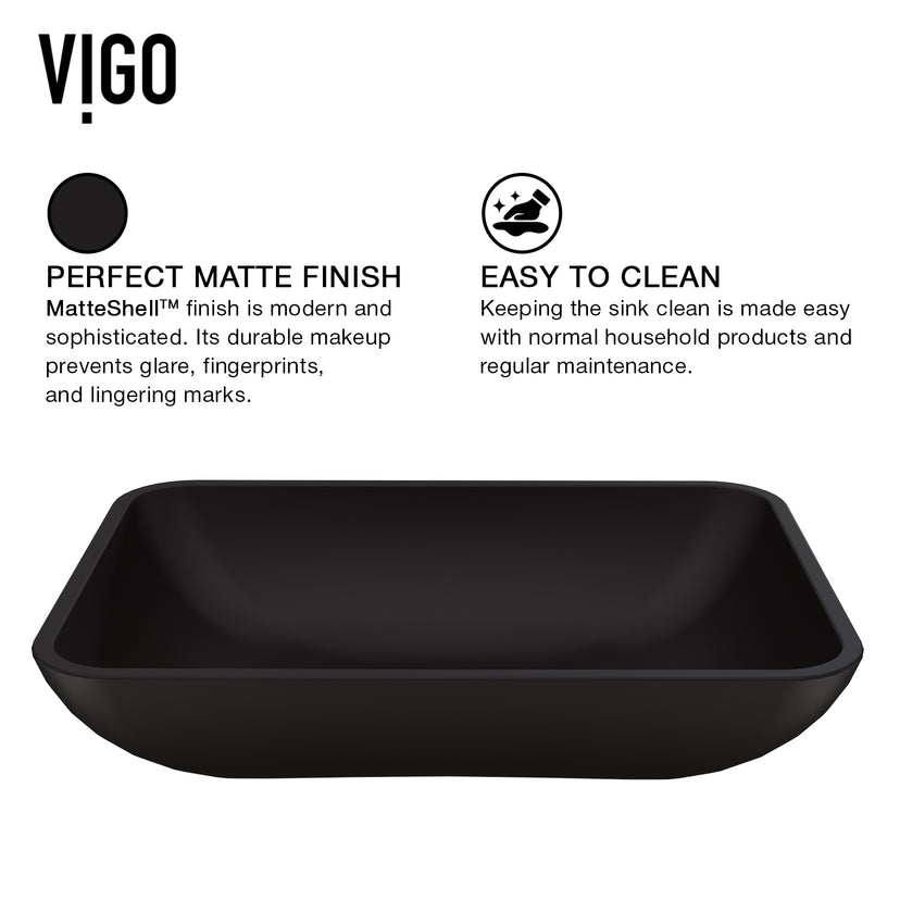 Matte Shell Sottile Glass Rectangular Vessel Bathroom Sink in Black with Faucet and Pop-Up Drain in Brushed Nickel