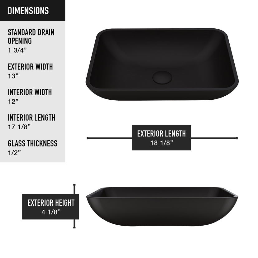 Matte Shell Sottile Glass Rectangular Vessel Bathroom Sink in Black with Faucet and Pop-Up Drain in Brushed Nickel