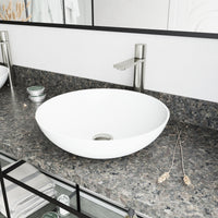 Matte Stone Lotus Composite Round Vessel Bathroom Sink in White with Gotham Faucet and Pop-Up Drain in Brushed Nickel