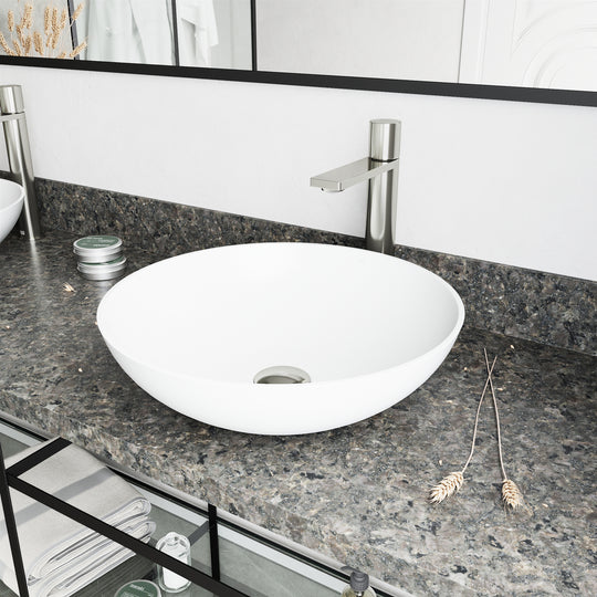 Matte Stone Lotus Composite Round Vessel Bathroom Sink in White with Gotham Faucet and Pop-Up Drain in Brushed Nickel