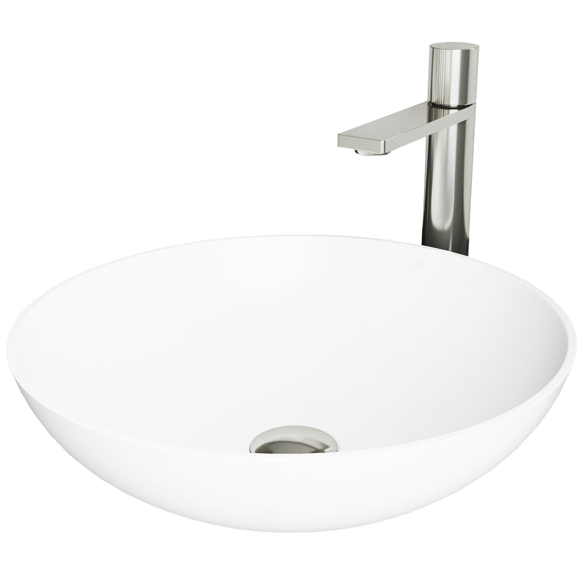 Matte Stone Lotus Composite Round Vessel Bathroom Sink in White with Gotham Faucet and Pop-Up Drain in Brushed Nickel