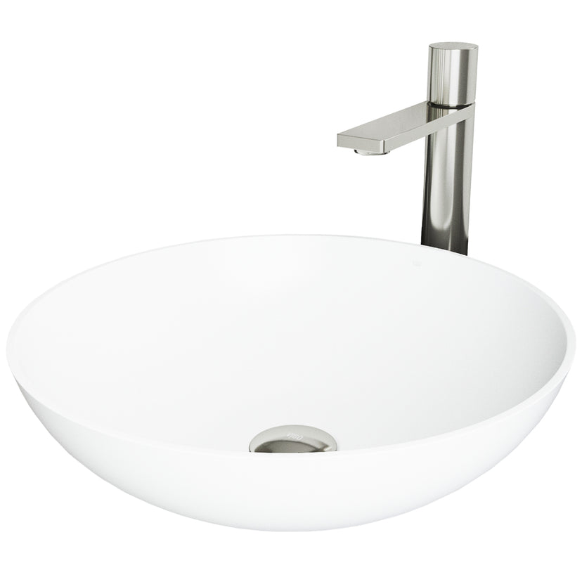 Matte Stone Lotus Composite Round Vessel Bathroom Sink in White with Gotham Faucet and Pop-Up Drain in Brushed Nickel