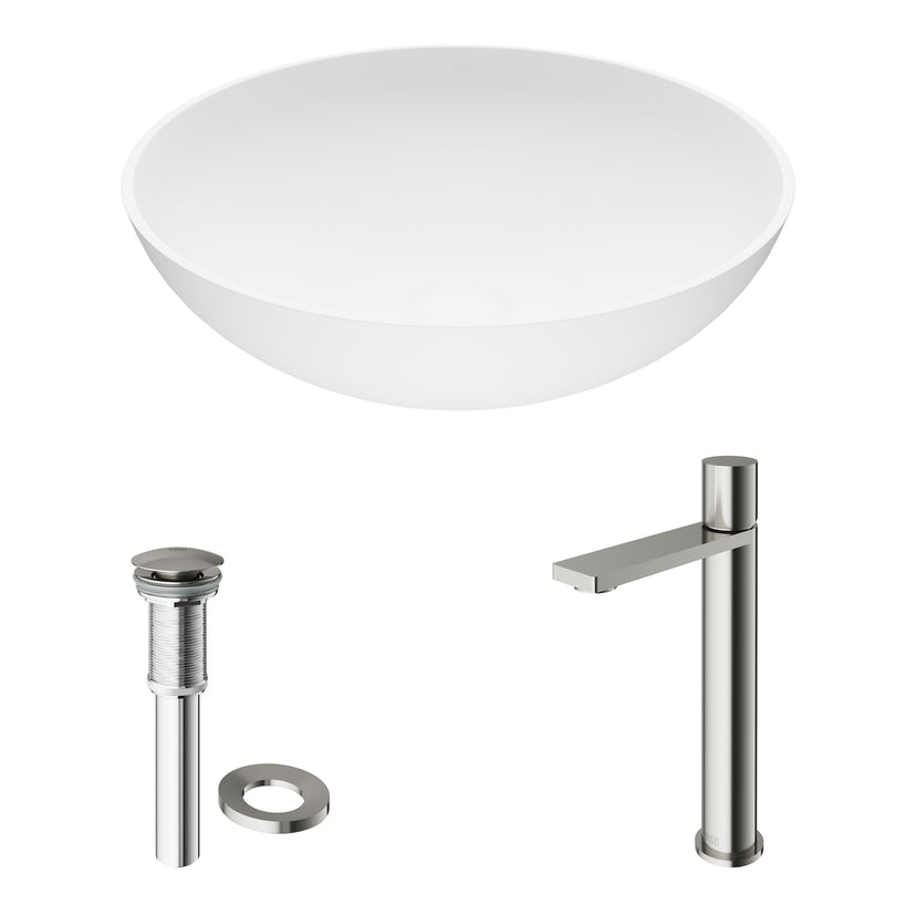 Matte Stone Lotus Composite Round Vessel Bathroom Sink in White with Gotham Faucet and Pop-Up Drain in Brushed Nickel