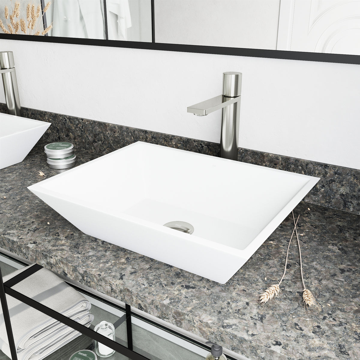 Matte Stone Vinca Composite Rectangular Vessel Bathroom Sink in White with Faucet and Pop-Up Drain in Brushed Nickel